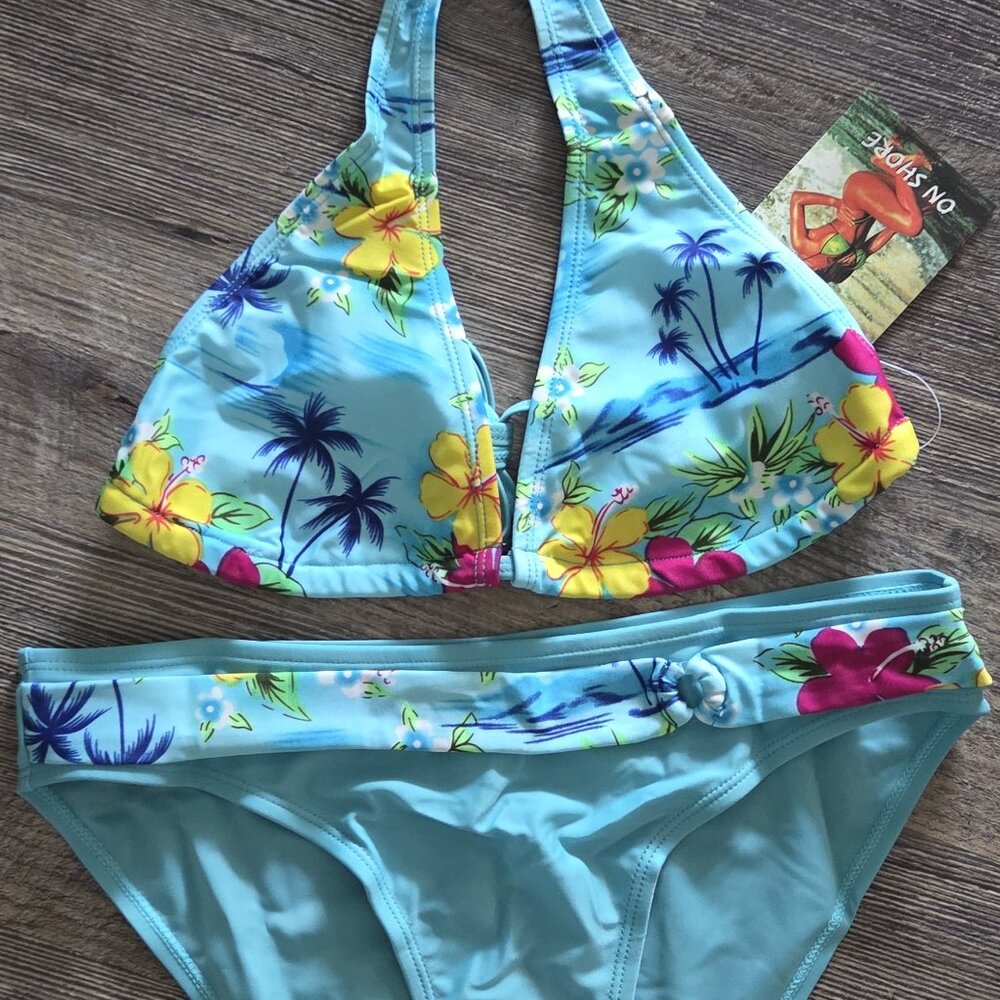 NWT Bikini Swimsuit Aqua Blue & Tropical Print Sz XLg